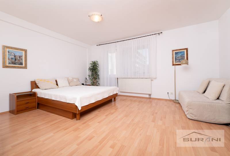 A bedroom with a bed, a couch, and a wooden floor decor in a three-room apartment.