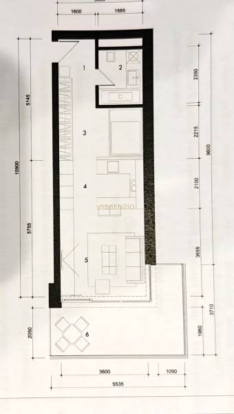 Floor plan of a 1-bedroom apartment with a kitchen, bathroom, terrace, and living area.