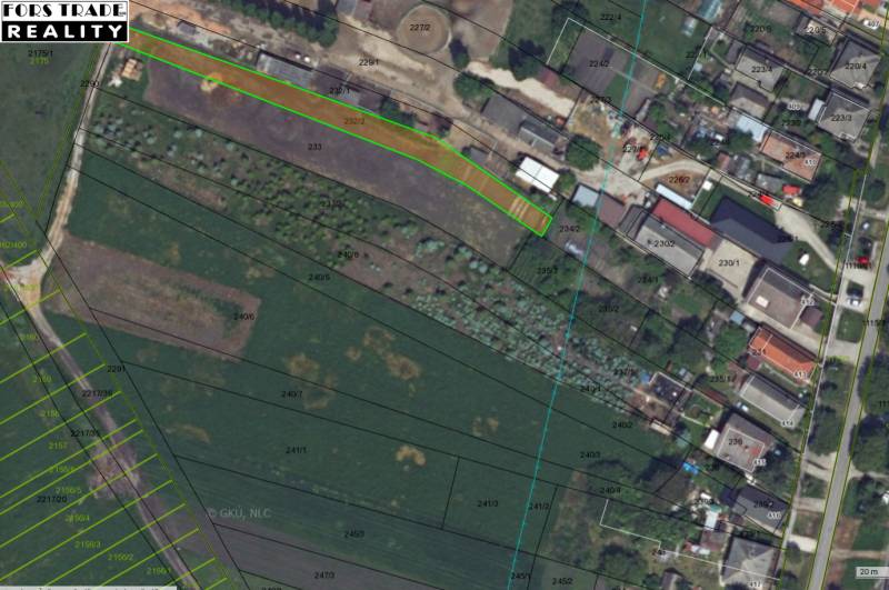 Aerial photograph of residential land in Tešedíkovo with marked plots.