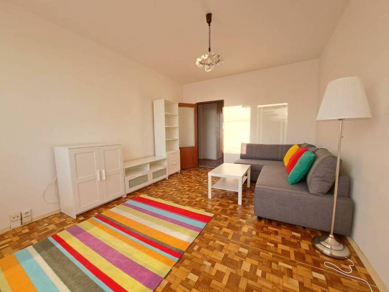 Living room in a two-room apartment with a colorful carpet, sofa, and wooden decor flooring.