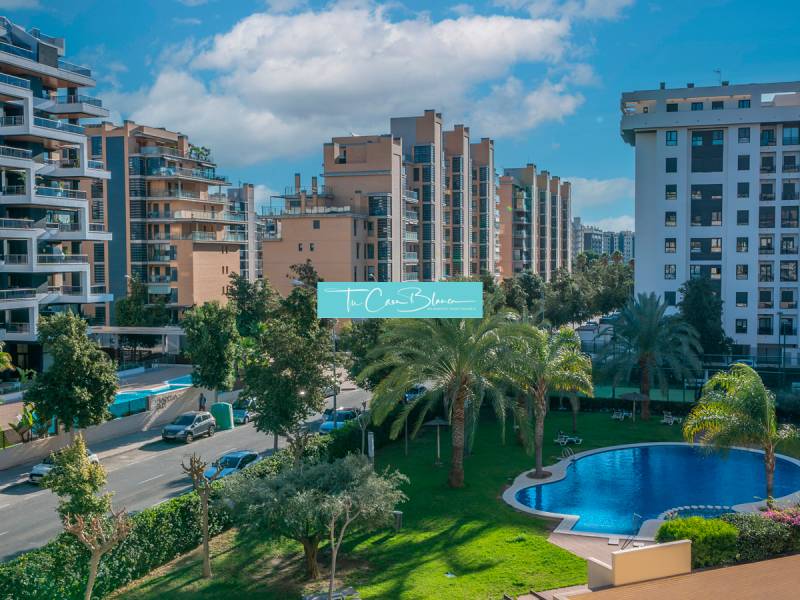 View from a 2-bedroom apartment in Alicante, with a pool and palm trees between the apartment buildings.