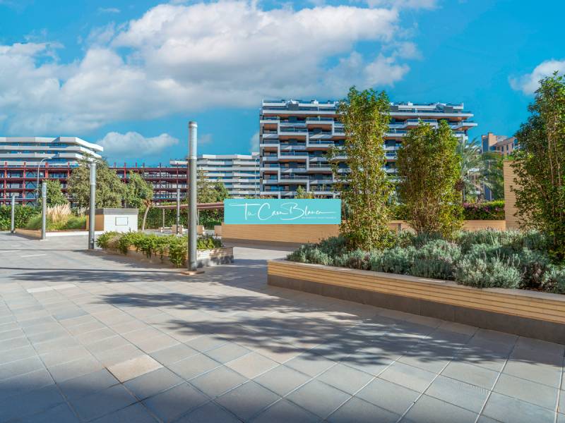 Modern architecture in Alicante overlooking a 2-bedroom apartment, surrounded by greenery.