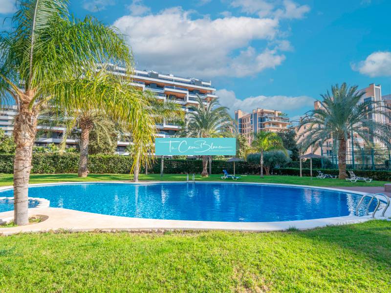 A pool surrounded by palm trees with modern apartment buildings in Alicante on a sunny day.