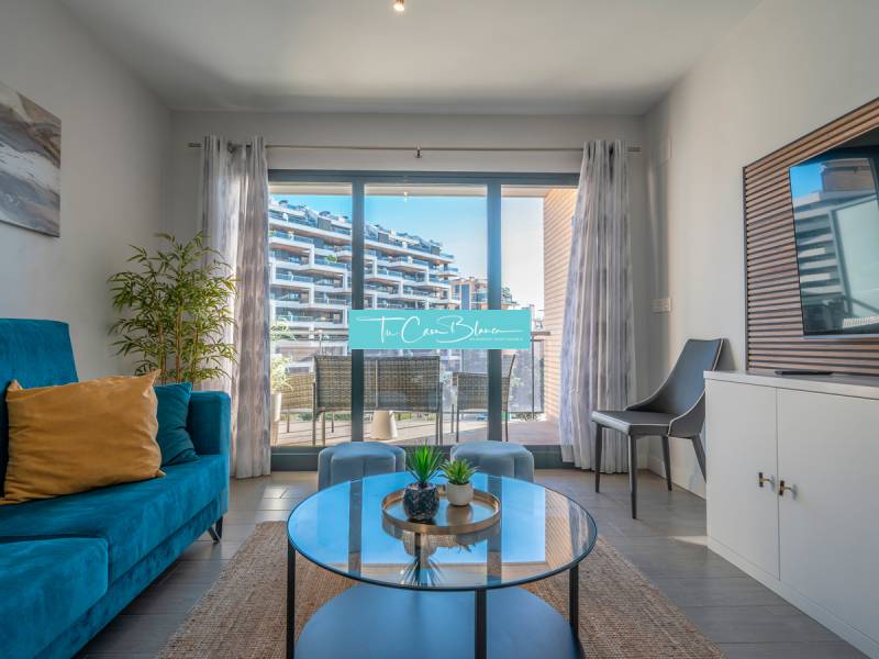 Living room in a 2-room apartment with a terrace, blue sofa, and plant.