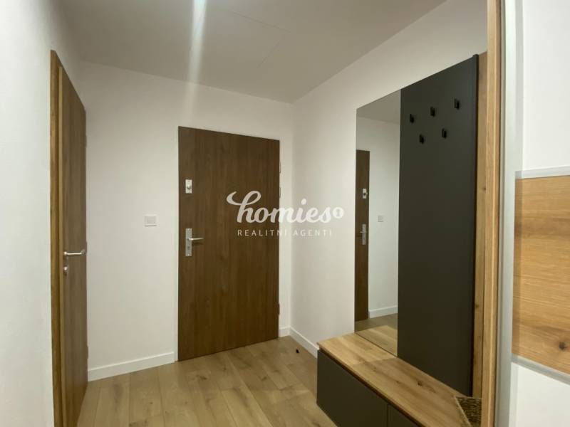 A hallway of a 2-room apartment with a wooden decor floor and a built-in wardrobe.