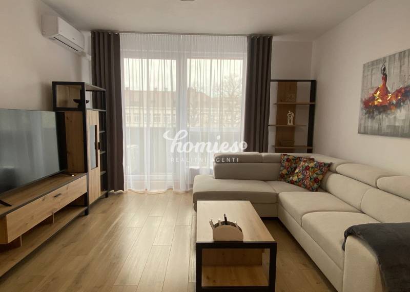 Living room in a two-room apartment with a wooden decor floor, light sofa, and television.