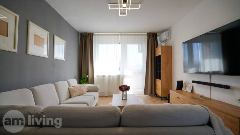 Living room in a three-room apartment with a wood-patterned floor and a large television.