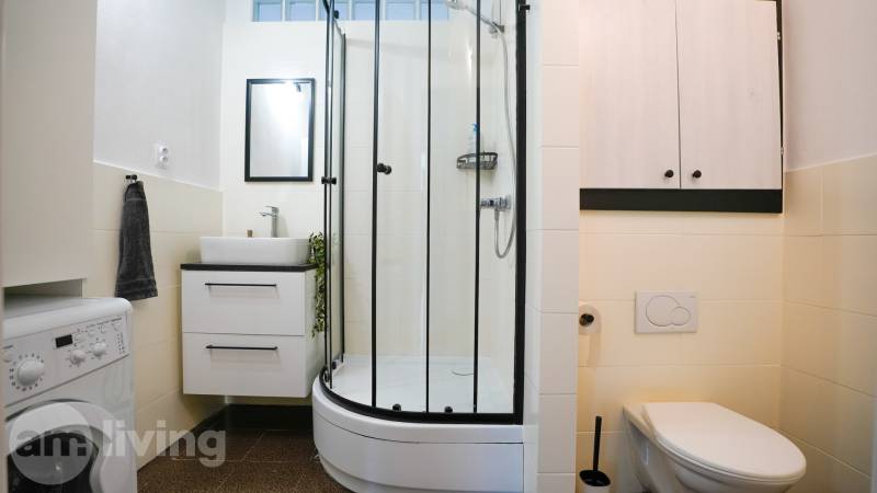 Bathroom in a 3-room apartment with a washing machine, shower, and toilet.