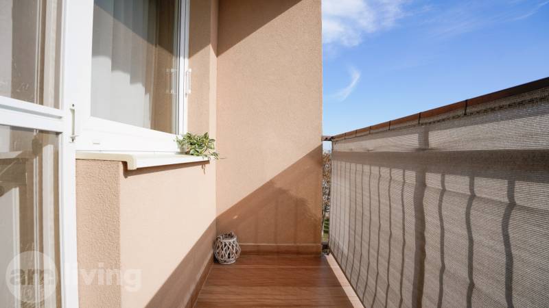 Balcony with wooden decor flooring, plant on the windowsill, building cladding.