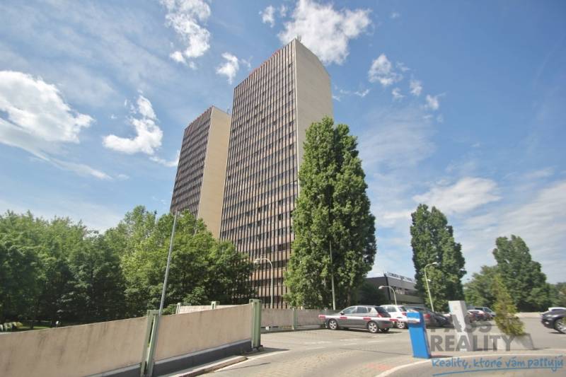 High-rise buildings surrounded by greenery on Kutlíkova Street in Bratislava - Lúky, offices.