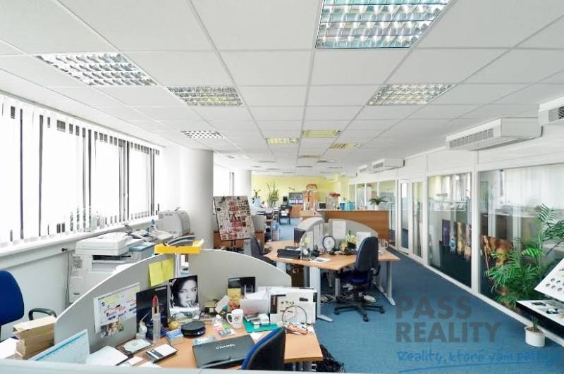 Offices with carpeted floors, large windows, and numerous desks.