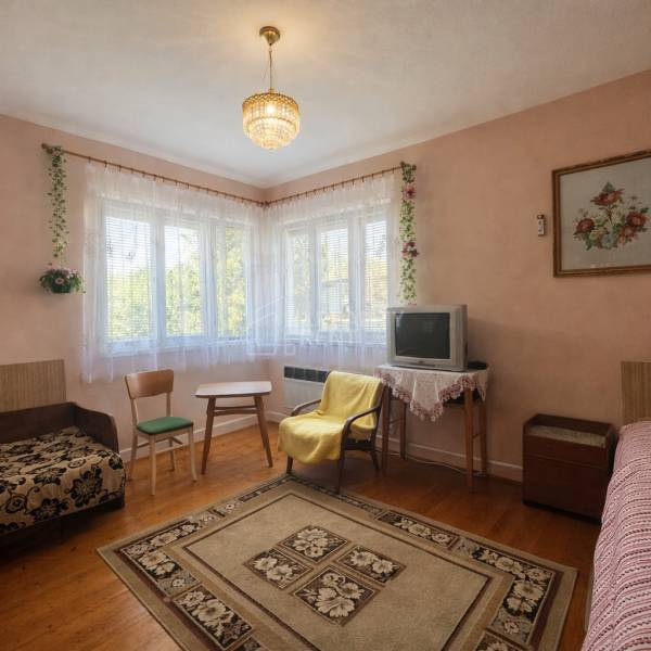 Living room in a family house with a carpet, television, and wooden decor flooring.
