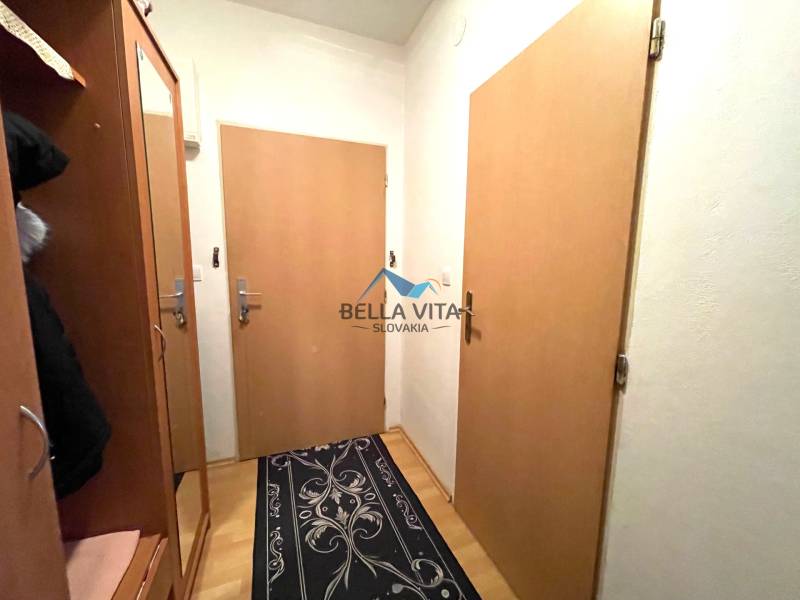 Hallway in a one-room apartment with furniture, doors, and flooring with a wooden decor.