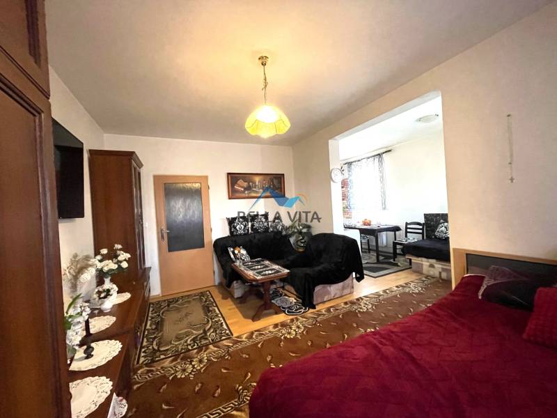 Living area in a studio apartment with wood-patterned flooring and a carpet.