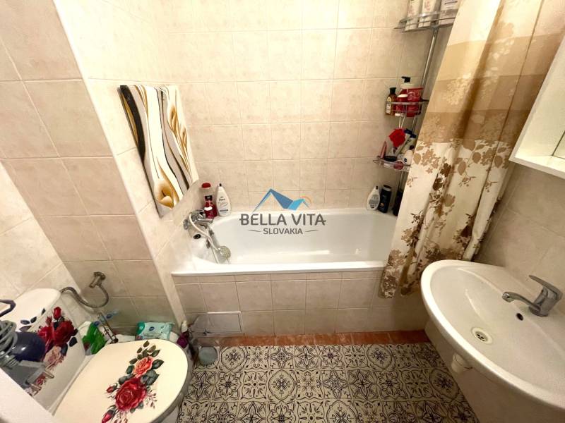 A bathroom in a studio apartment with a bathtub, a sink, and a decorated toilet seat.