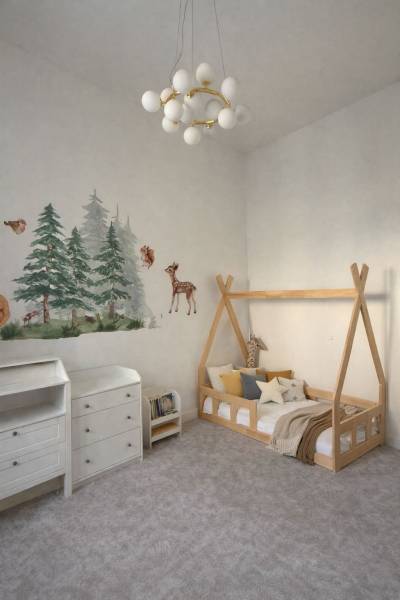 Children's room with a wooden bed, forest motifs, and white furniture in a 3-room apartment.
