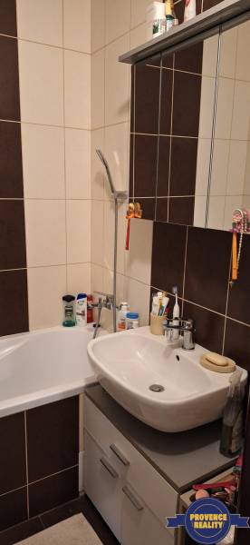 A bathroom with a shower, sink, and cabinet in a 4-room apartment, predominantly dark tiles.