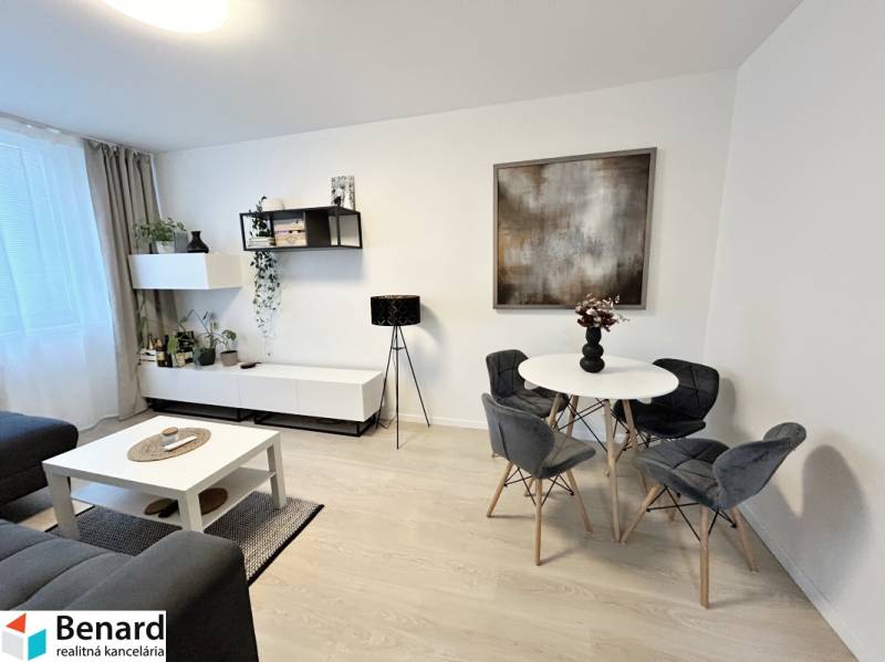 Interior of a 2-room apartment with a table, chairs, and decorations, floor with wooden decor.