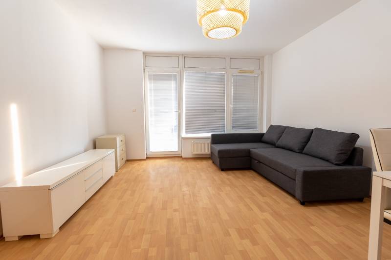 Living room in a two-room apartment with a sofa, cabinet, and floor with a wooden decor.