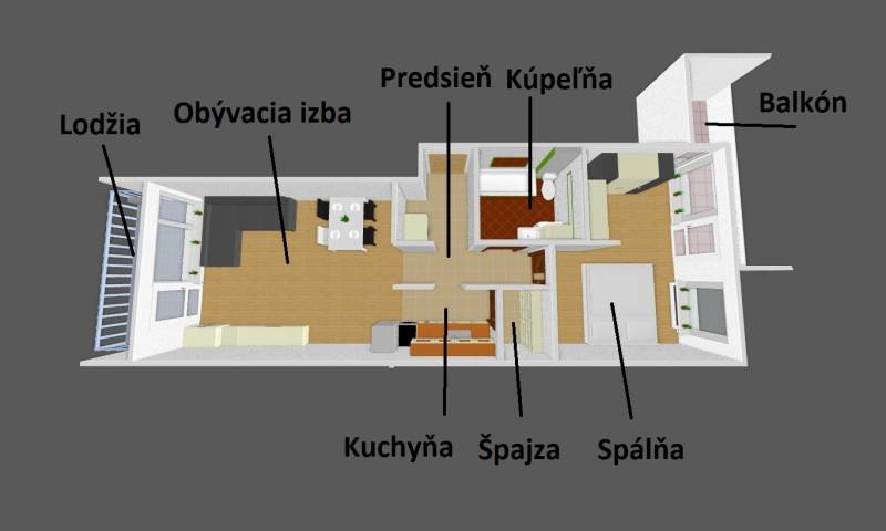 Floor plan of a 2-room apartment with room labels: living room, kitchen, bedroom, bathroom.