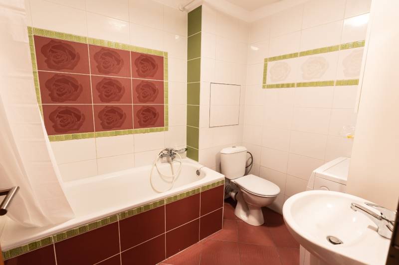 Bathroom with a bathtub, toilet, and washing machine in a 2-room apartment. Tiles with a rose motif.