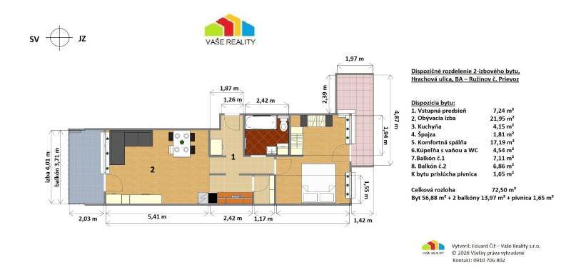 Floor plan of a 2-room apartment on Hrachova Street in Bratislava-Ružinov. It includes two balconies and a cellar.