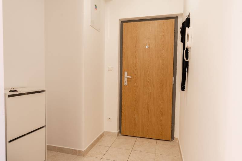 Entrance hall with wooden door, white wall, and cabinet in a 2-room apartment.
