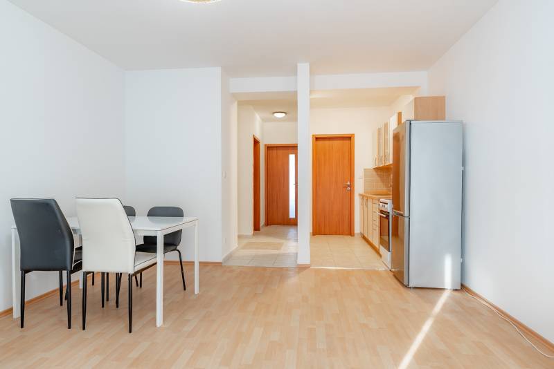 Kitchen and dining room with wood-patterned flooring in a two-room apartment.