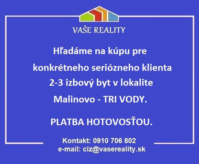 A real estate agency is looking to purchase a 2-3 bedroom apartment in Malinovo, Tri Vody area. Payment in cash.