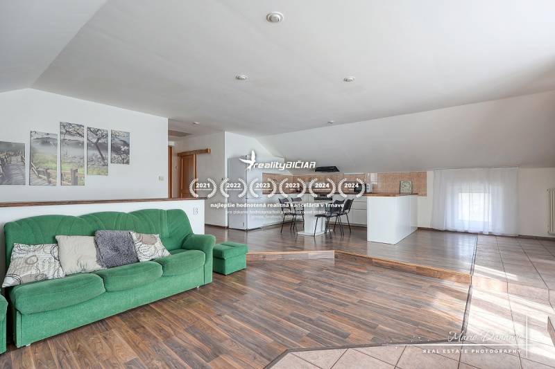 Interior of a family house with a sofa, kitchenette, and wooden decor flooring.