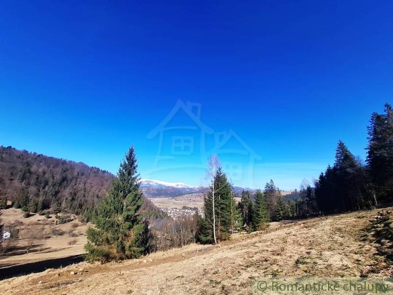 Agricultural and forest lands near Hronec, surrounded by trees and mountains under a blue sky.
