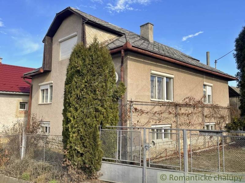 A family house in Bretka with a sloped roof, in front of the house is a tall conifer.