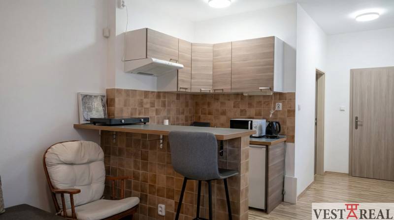A kitchenette in a studio apartment with a wooden decor floor, light cabinets, equipped with a bar stool.