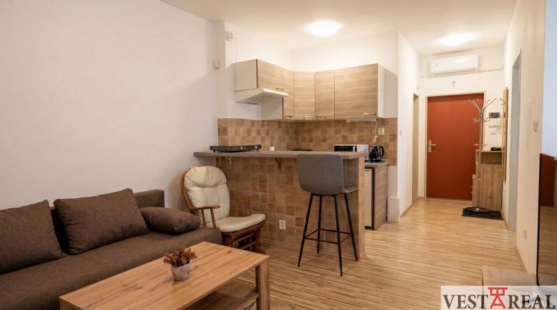 A studio apartment with a wood-patterned floor, a kitchenette, and a comfortable sofa.