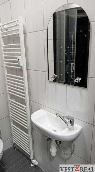 A bathroom with a sink, mirror, and ladder radiator suitable for a studio apartment.