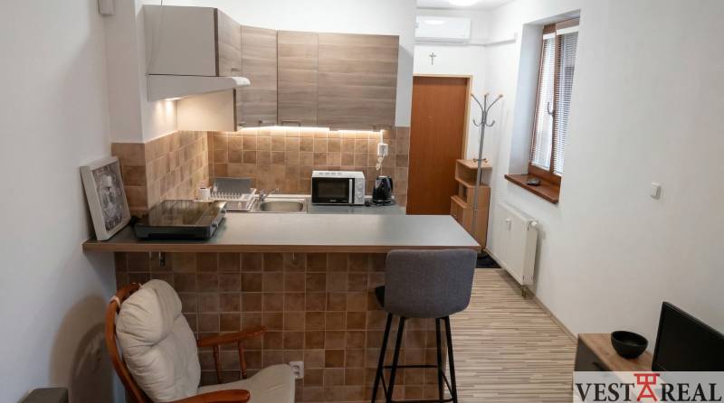Studio apartment with a kitchenette, bar counter, and floor with wood decor.