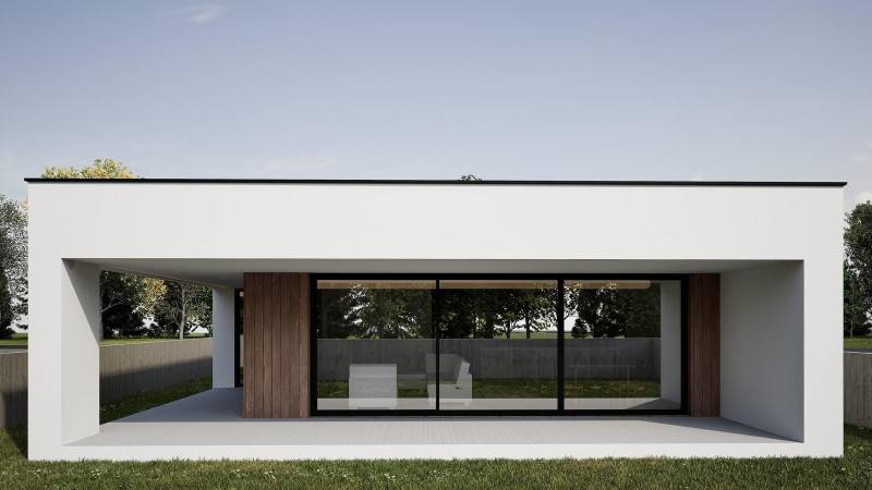 A family house in Nesvady with large glass doors and wooden wall cladding.