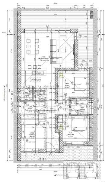 The floor plan of a family house in Nesvady with four rooms and a spacious living kitchen.