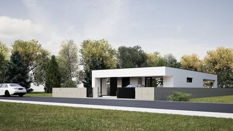 A family house in Nesvady with a minimalist design, surrounded by greenery.