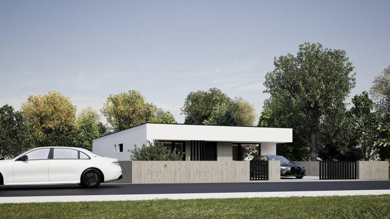 A family house in Nesvady with a flat roof, surrounded by greenery and parked cars.