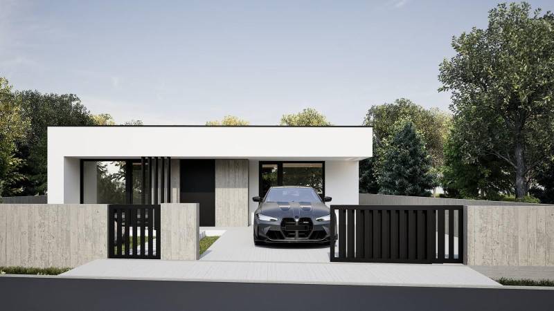 Family house in Nesvady, concrete fence, car, tree vegetation, minimalist architecture.