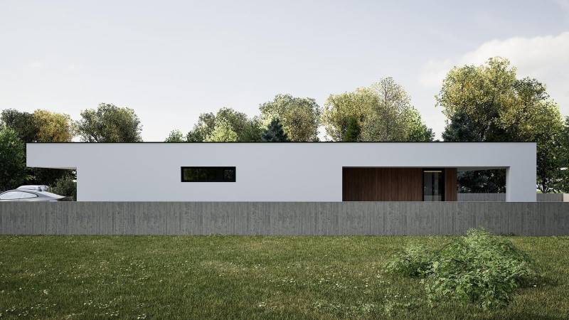 A family house in Nesvady with a minimalist design, surrounded by nature and wooden details.