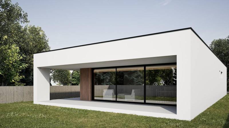 A family house in Nesvady with a white facade and large glass doors surrounded by greenery.