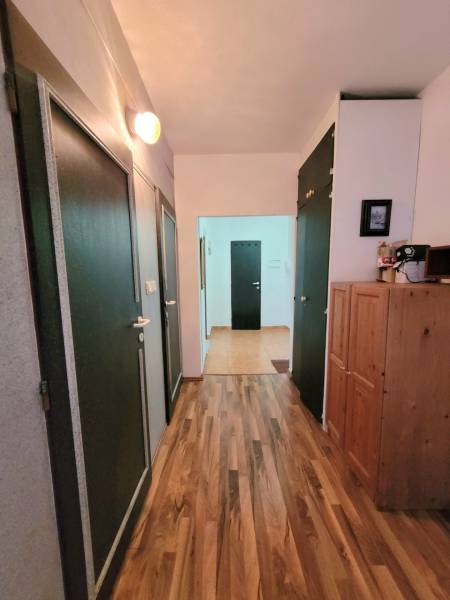 A hallway of a 2-room apartment with a wooden decor floor and a wooden wardrobe.