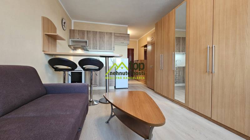 Studio apartment with a sofa, kitchenette, wood-patterned flooring, and built-in wardrobes.