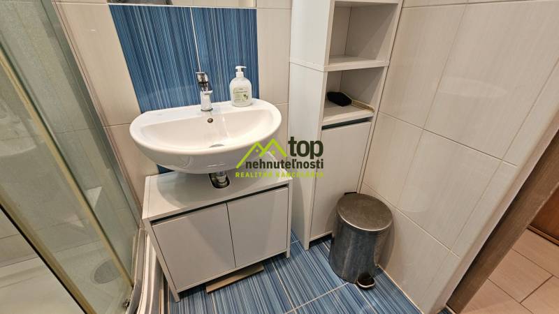 A bathroom in a studio apartment with a sink, cabinet, and trash can, blue tiles.