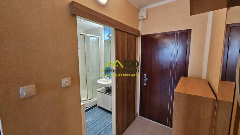 Studio apartment with bathroom access through sliding doors with a wood finish.