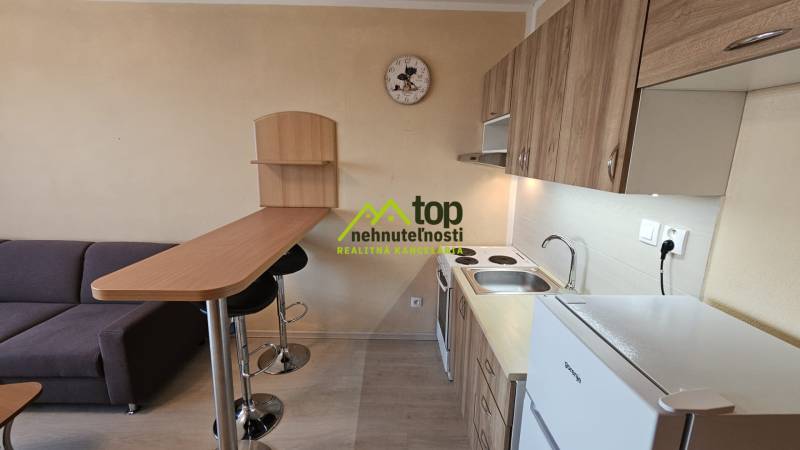 Compact studio apartment with a kitchenette, bar counter, and sofa, wooden decor flooring.