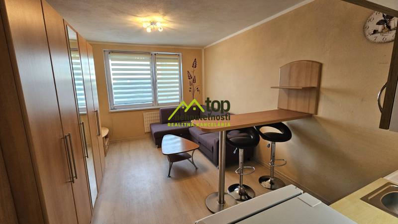 Studio apartment with wood-patterned flooring, a kitchen counter, and a sofa.