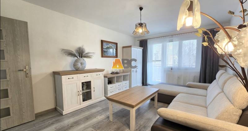 A living room in a two-room apartment with a wood-patterned floor, a sofa, and white furniture.